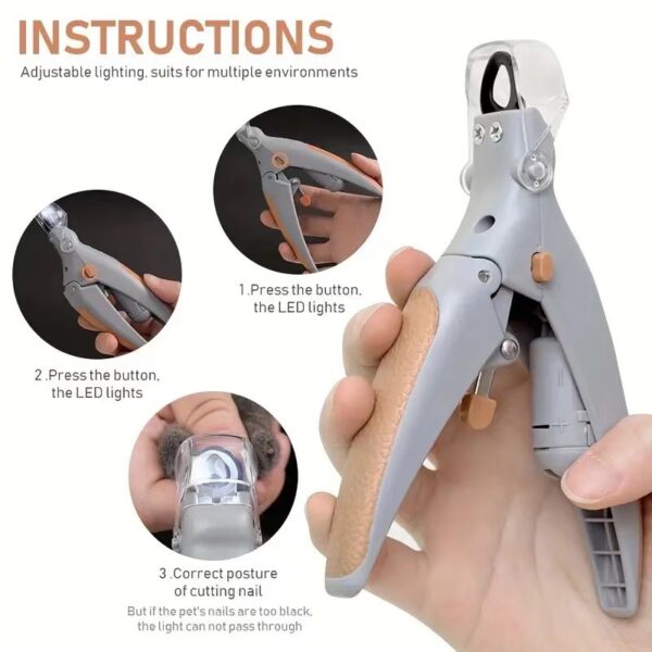 LED pet nail clippers with a built-in light, anti-slip handle, and magnification lens for safe and precise trimming. - Image 3