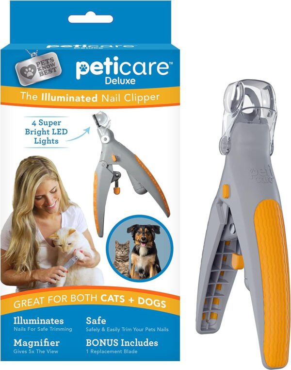 LED pet nail clippers with a built-in light, anti-slip handle, and magnification lens for safe and precise trimming.