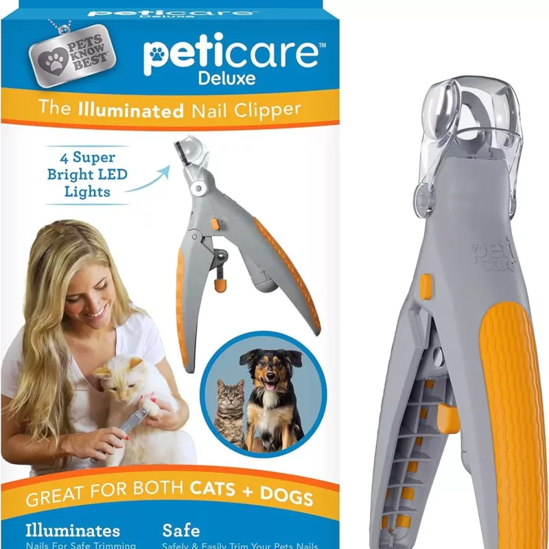 LED pet nail clippers with a built-in light, anti-slip handle, and magnification lens for safe and precise trimming.