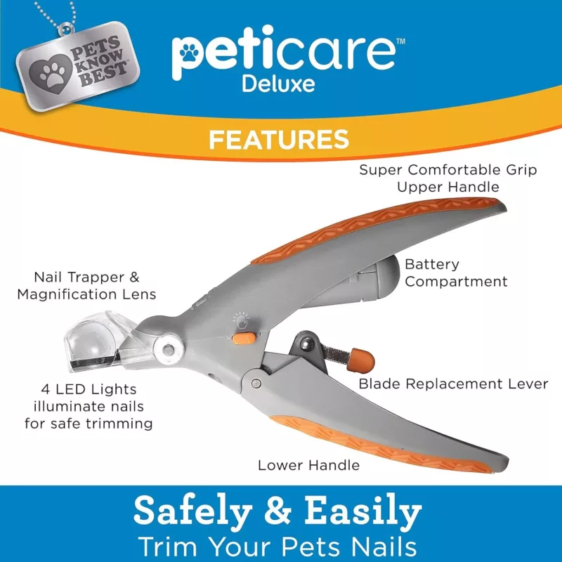 LED pet nail clippers with a built-in light, anti-slip handle, and magnification lens for safe and precise trimming.