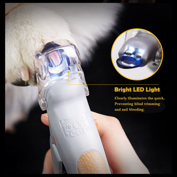 LED pet nail clippers with a built-in light, anti-slip handle, and magnification lens for safe and precise trimming.