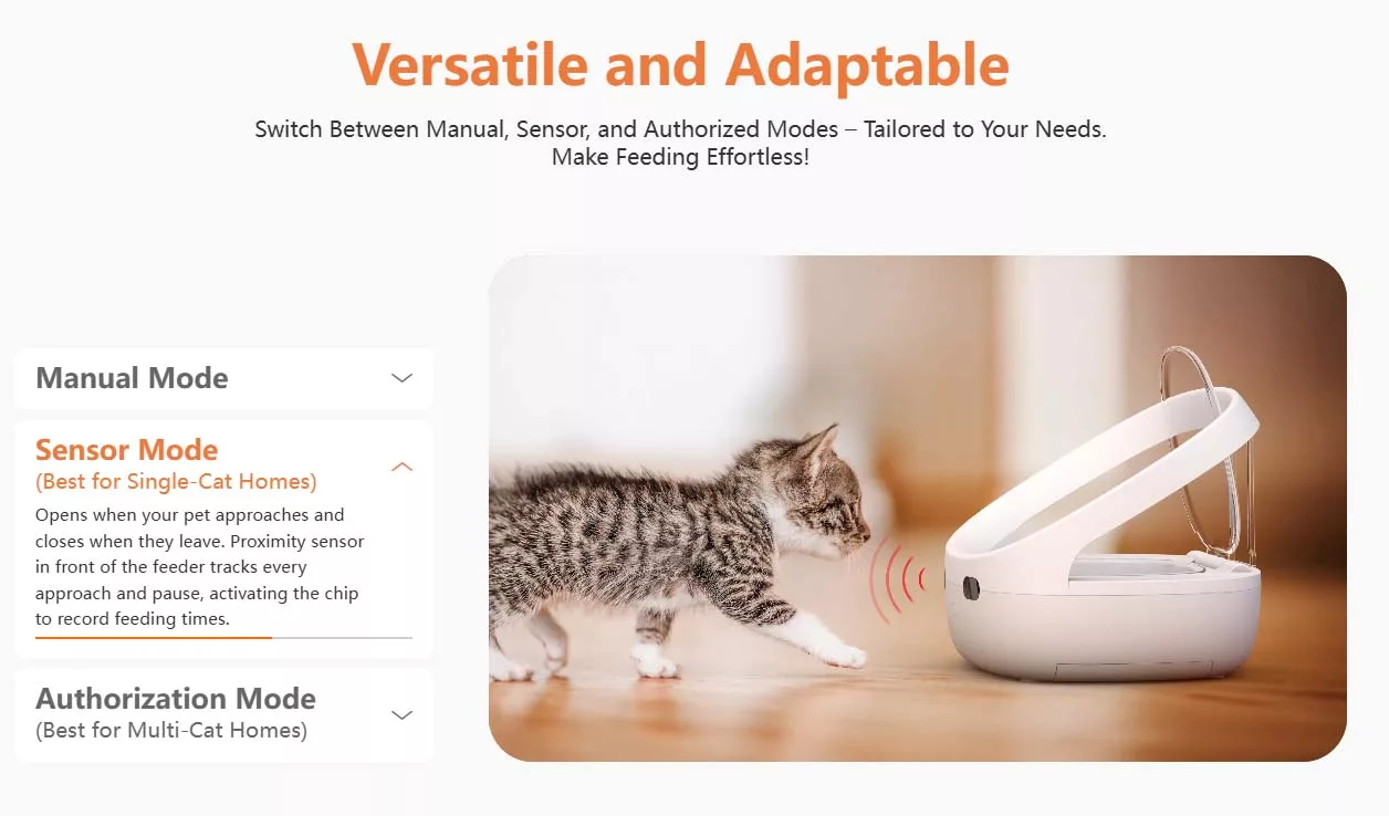 Versatile and Adaptable Switch Between Manual, Sensor, and Authorized Modes – Tailored to Your Needs. Make Feeding Effortless!